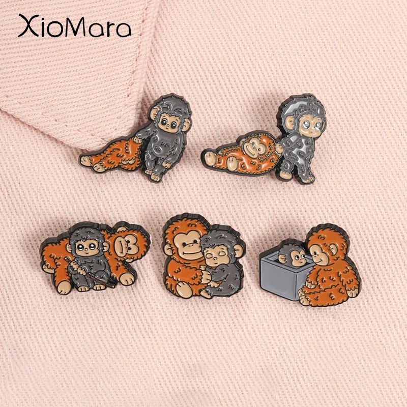Protect Punch The Monkey Enamel Pins Cute Happiness Gorilla Couple Orange Chimpanzee Animal Brooches Lapel Badge Jewelry Gifts ﻿