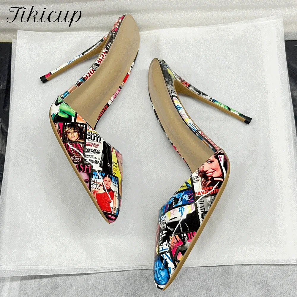 

Tikicup Women's Trendy Magazine Print Pointed Toe Stiletto High Heels Slipper Slingback Comfortable Outdoor Sandal Dress Shoes