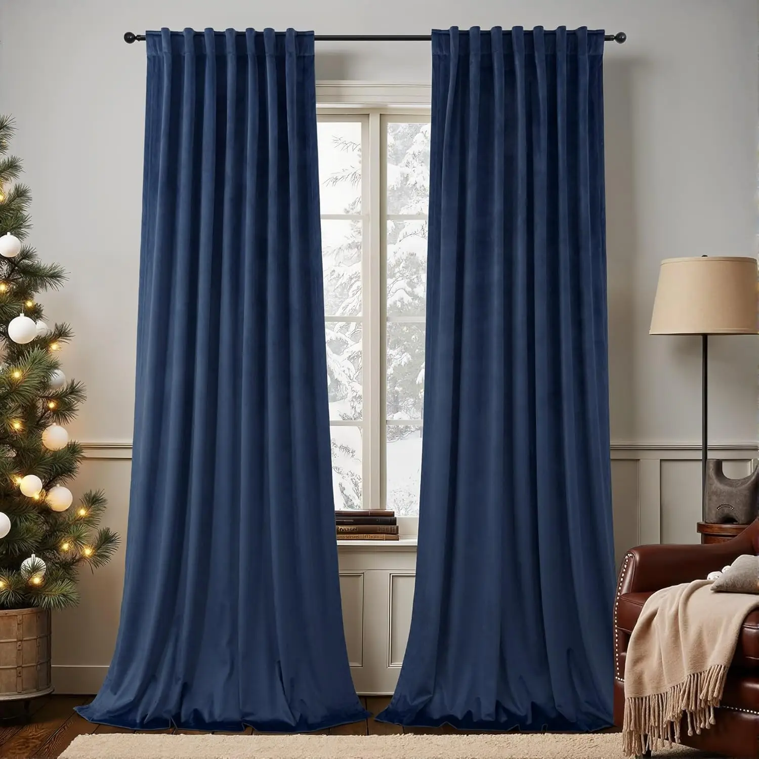 

Navy Velvet Curtains 108 Inches Long 2 Panel for Sliding Door Room Darkening Thermal Drapes 9ft