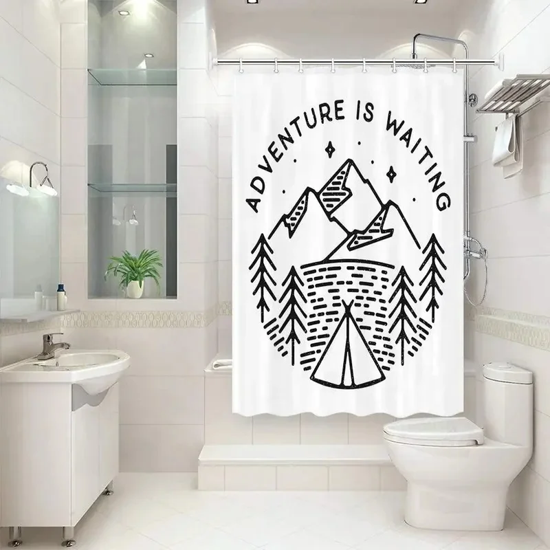 VIKAMA Adventure Is Waiting Shower Curtain Mountain Forest Camping Line Art Print Waterproof Bathroom Curtain