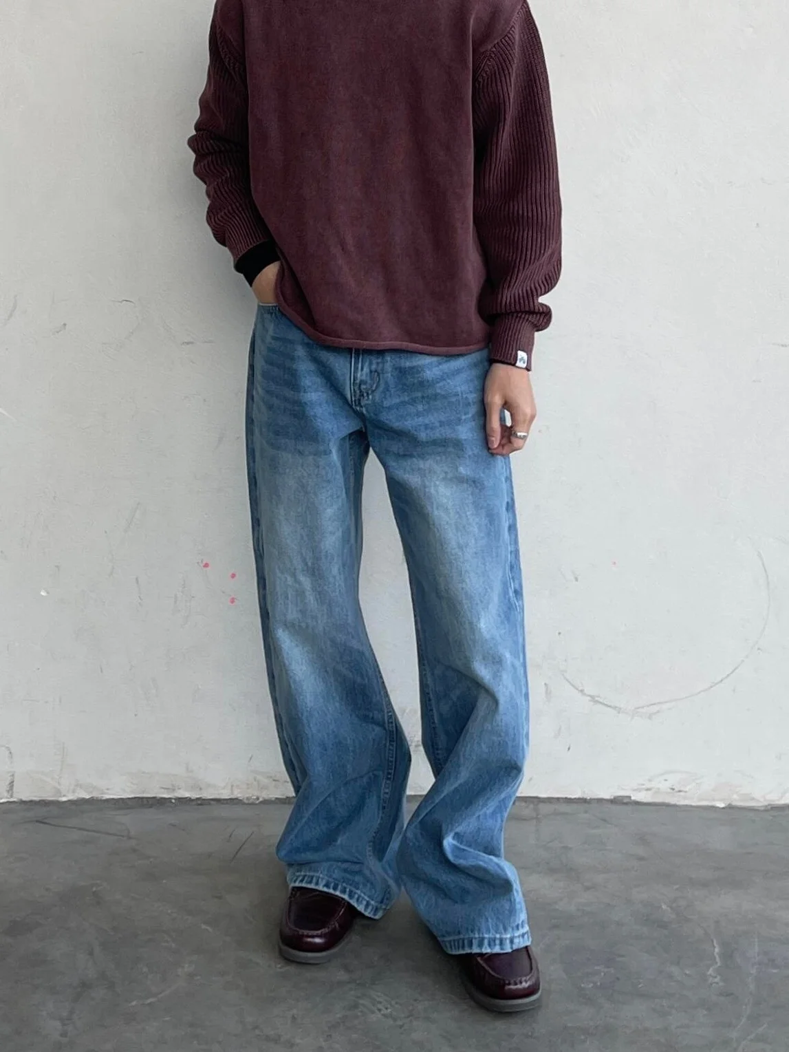 

Cleanfit American High Street Men's Slim Fit Straight Leg Jeans Casual Light Blue Waed out Jeans Youth ular Sle