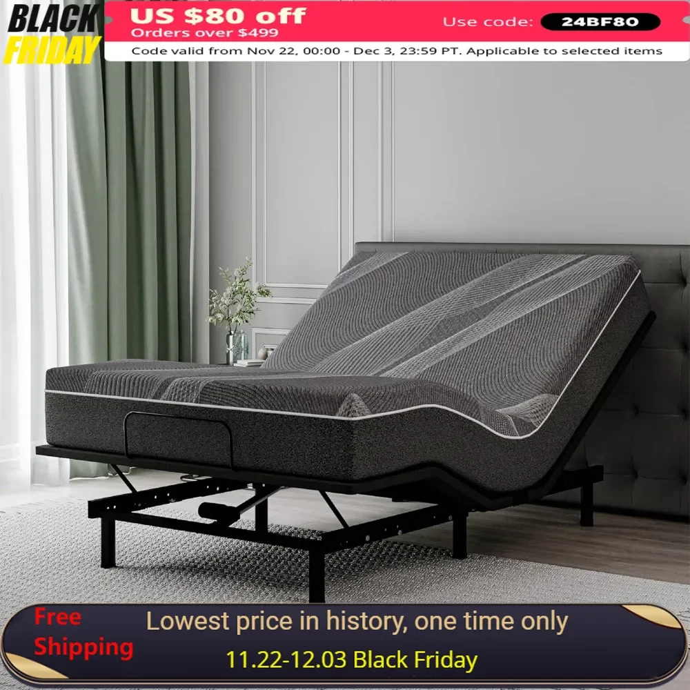 Queen Adjustable Bed Frame with Wireless Remote, 12 Inch Queen Gel Memory Foam Mattress, Head and Foot Incline, Bed Base Frame