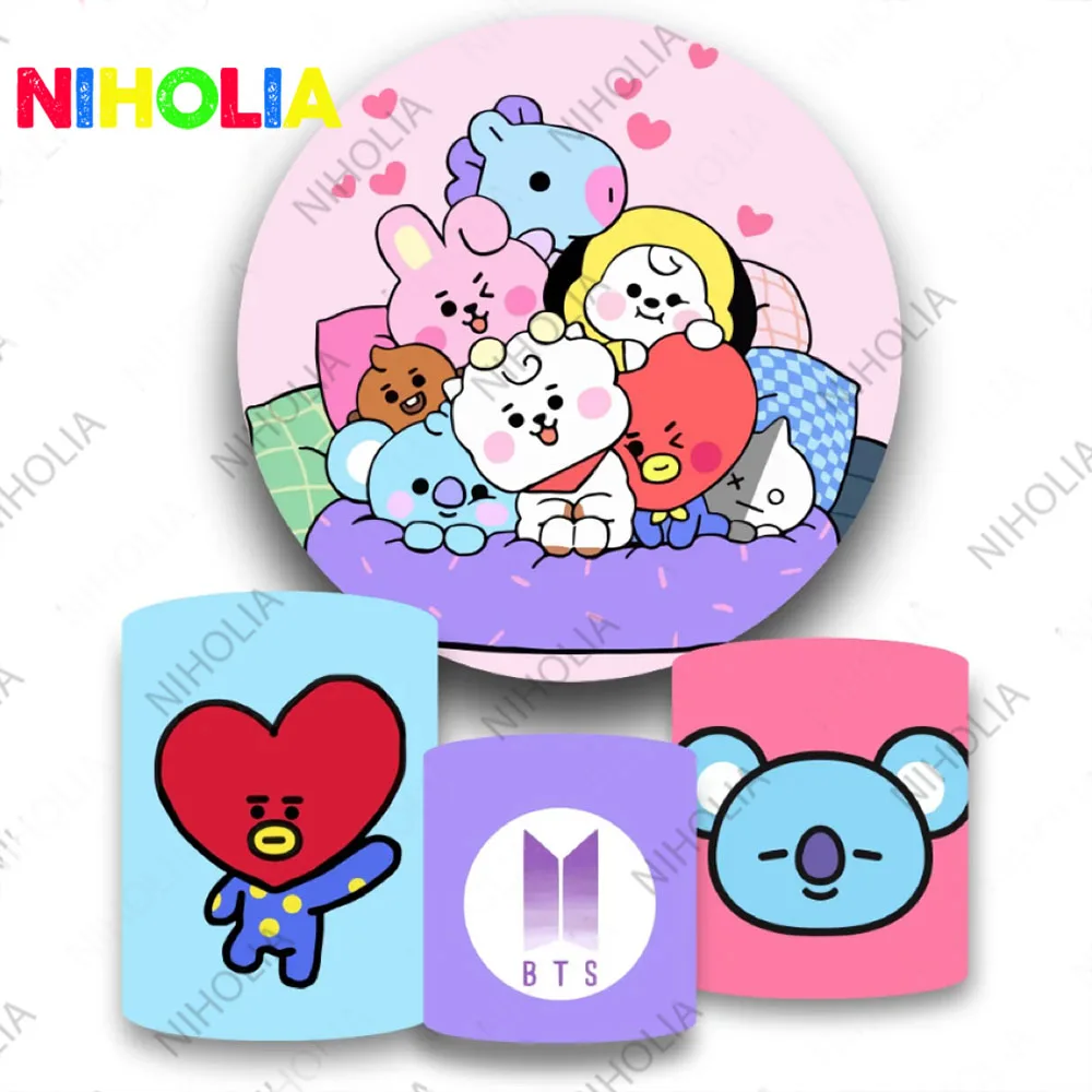 MINISO BT21 Theme Round Photo Backdrop BTS Korea-Boy-Group Cartoon Characters Kids Party Decoration Cylinder Covers Photo Props