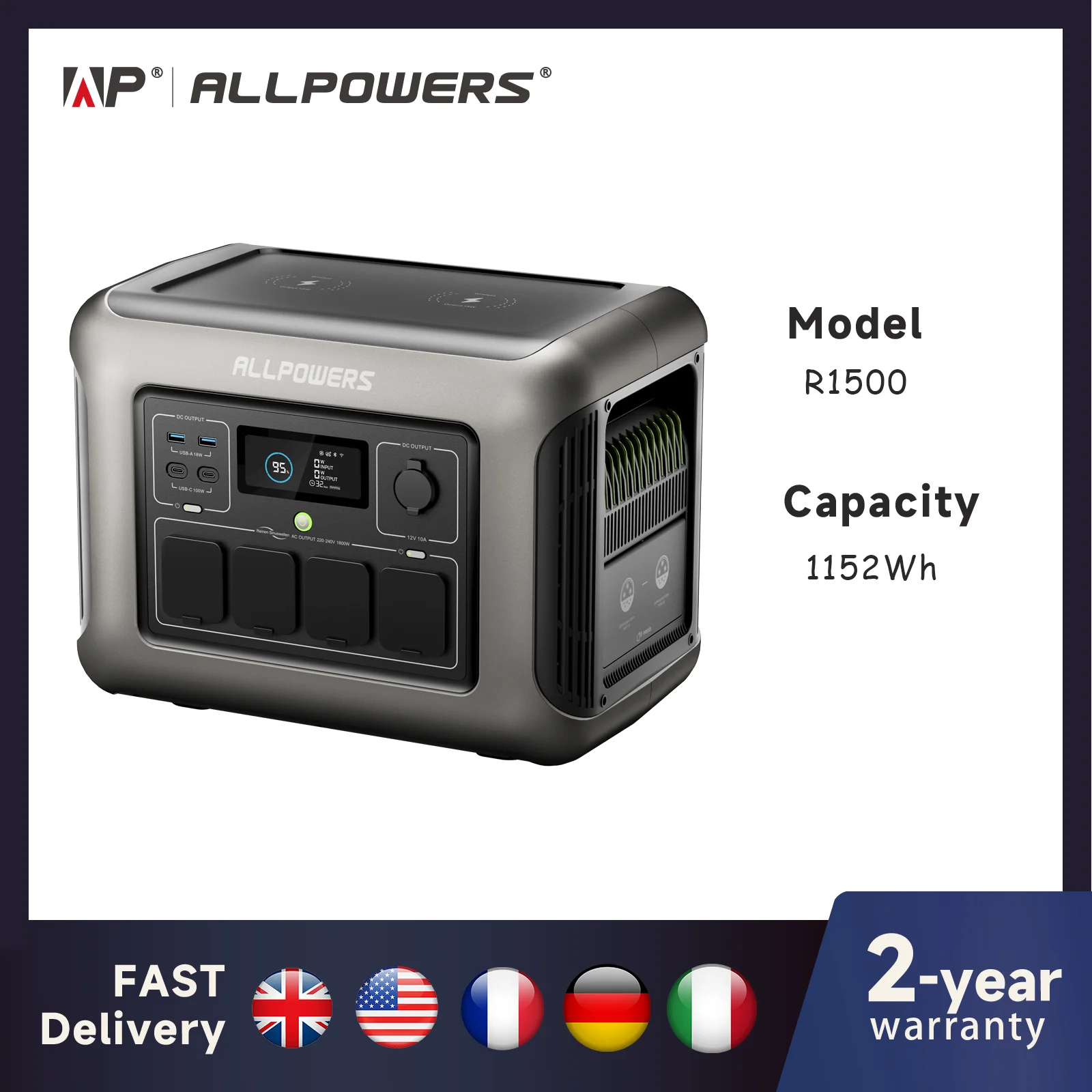 ALLPOWERS R1500 Portable Power Station 1152Wh LiFePO4 Battery with 1800W (3000W Peak) AC Output Solar Generator for Garden Party