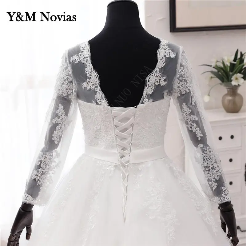 Винтажное свадебное платье Y & M Novias с круглым вырезом, цвет слоновой кости, с длинным рукавом, бальное платье для невесты, фото реального товара