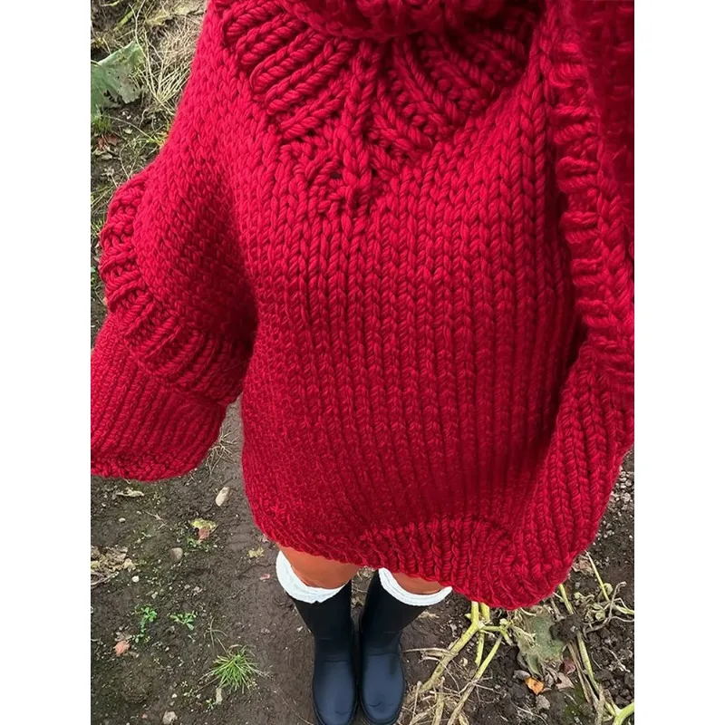 

Retro Red Cable-knit Pullover Women Casual Full Sleeve Turtleneck Patchwork Loose Sweater Lady Winter Daily Street Pullovers