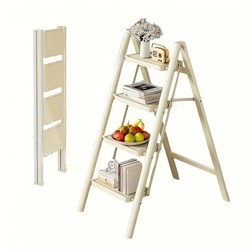 سلم فولاذي قابل للطي متعدد الوظائف مكون من 4 خطوات مع رف أدوات ودواسات مانعة للانزلاق وسكك حديد أمان خفيف الوزن ومحمول لورشة العمل المنزلية