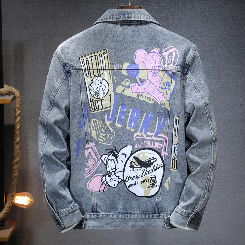 

Cartoon print design denim jacket men's autumn 2024 New coat casual fashion street retro collar loose coat