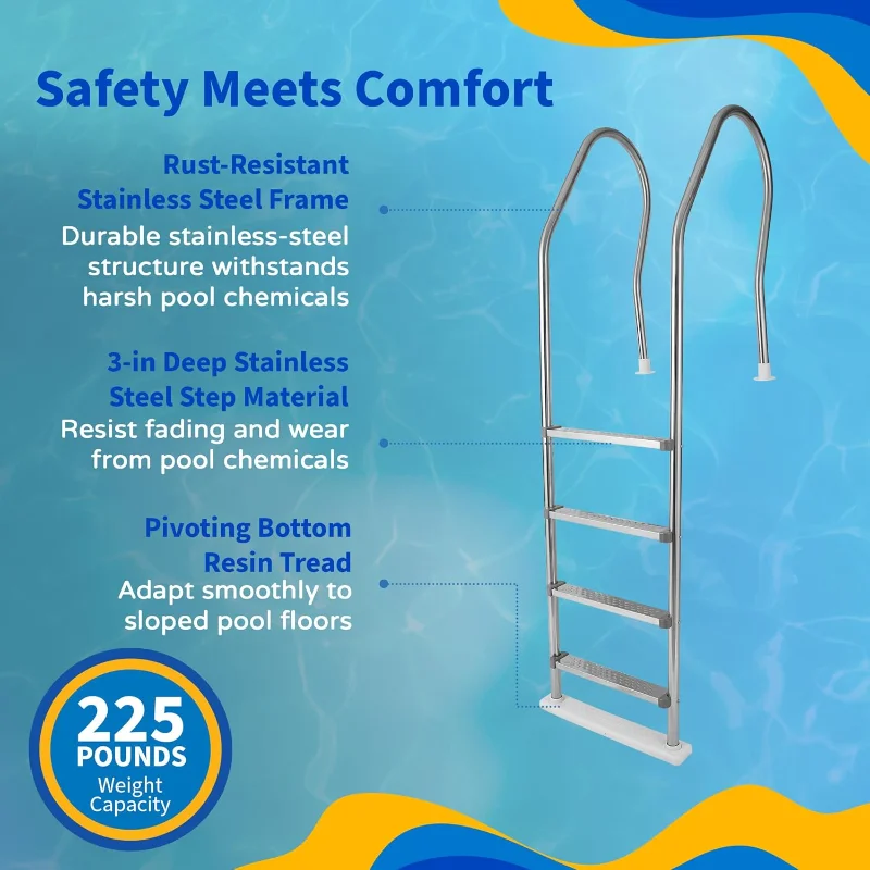 Blue Wave NE1149 Premium Stainless Steel Reverse Bend In-Pool Ladder for Above Ground Pools