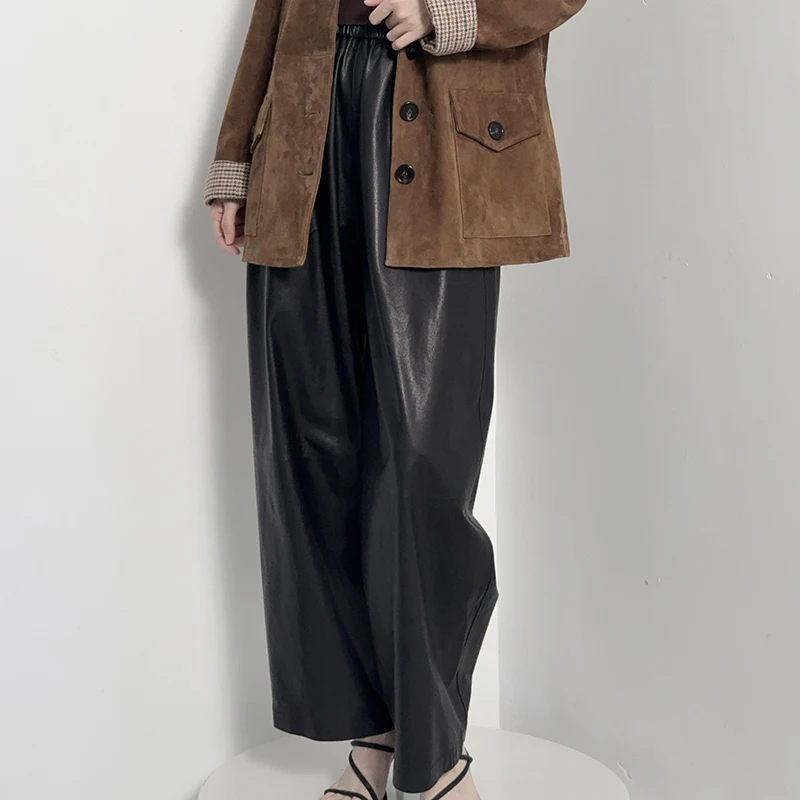Genuine Sheepskin Wide Leg Pants for Wome Autumn High Quality Draped Old Money Style Loose Brown/Black Real Leather Trousers