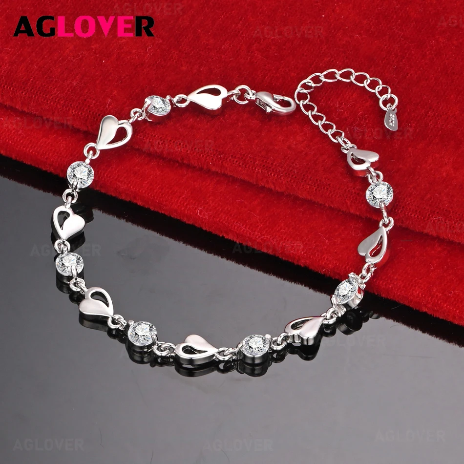

AGLOVER 925 Sterling Silver Blue And Pink Diamond Hollow Heart Bracelet Cute Charming Woman Birthday Gift Jewelry