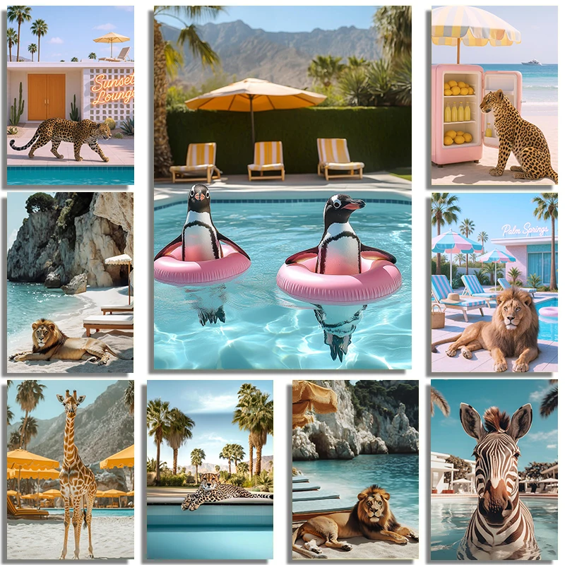 Modern Fashion Palm Springs Swimming Pool Animal Party Art Poster Canvas Printing Villa Home Frameless Wall Decoration Painti