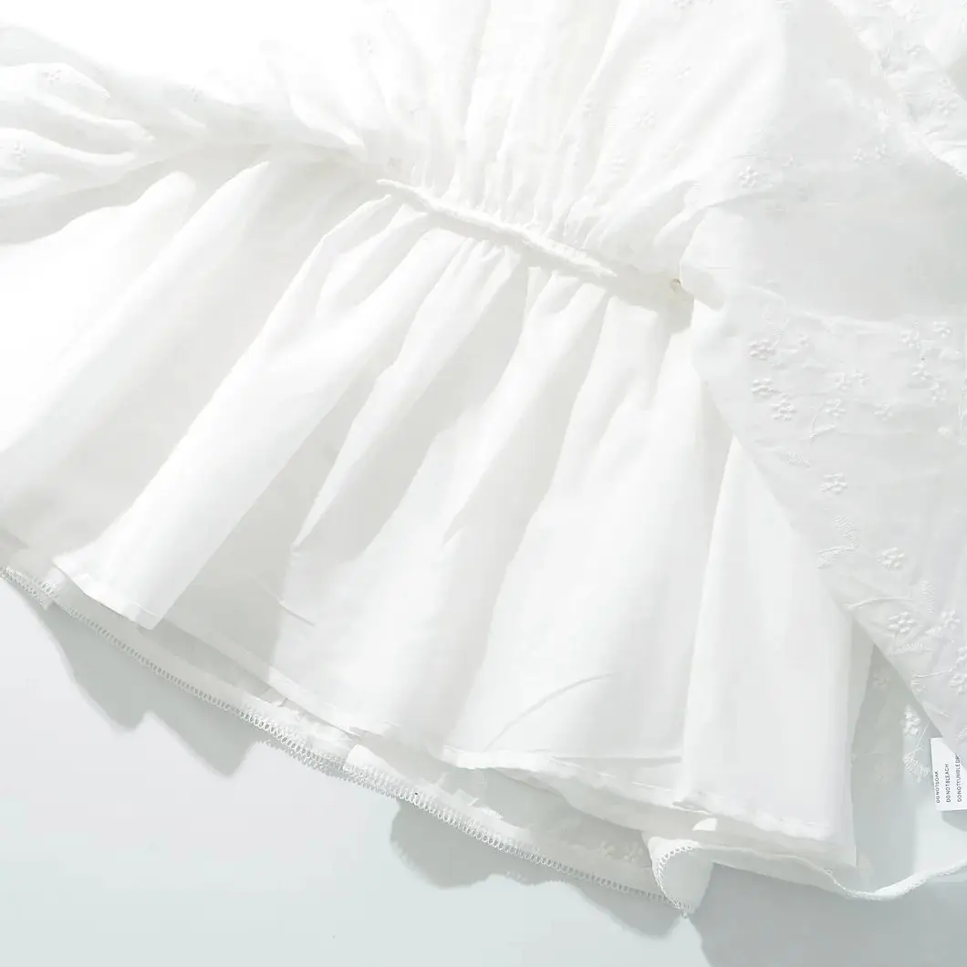 Sexy White Embroidery Flower Cotton Corset Style Bow Sling Dress Women Low Waist Ruched A-line Swing Mini Party Dresses Robe