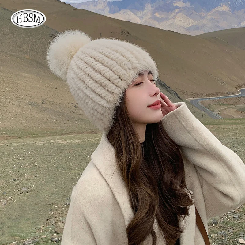 Winter Real Mink Fur Hat For Women New Brand Thicken Female Fur Caps Ladies Knitted Mink Fur Beanies With Fox Fur Pompoms Hat