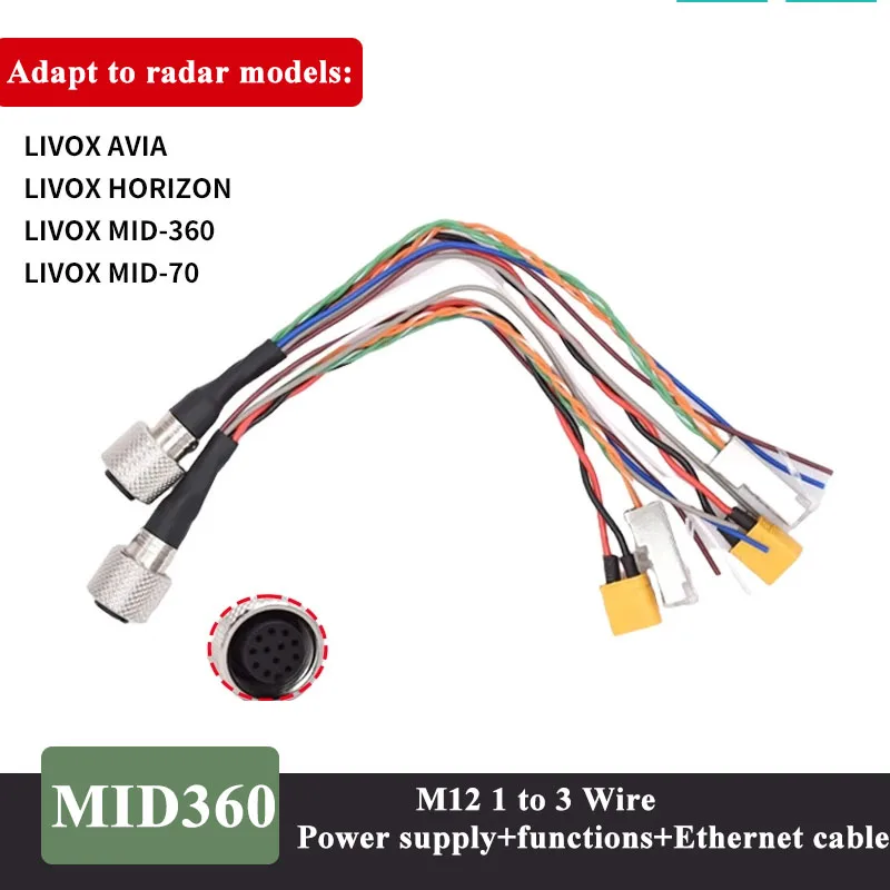 M12 Aviation Plug Radar Cable for Livox Mid360/HORIZON/Avai  M12 1 to 3 Connection Line Data Cord Avai Power Wire