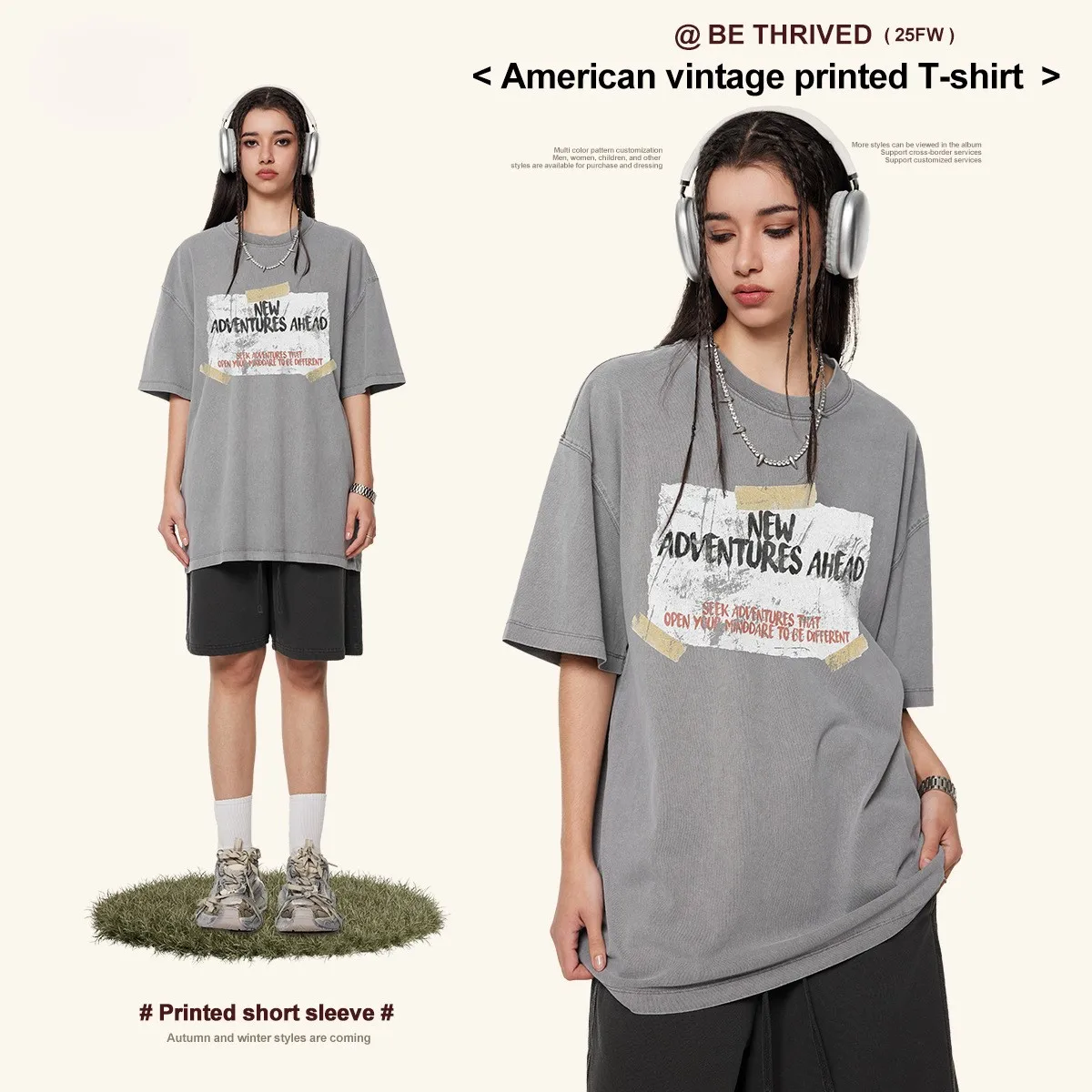 t shirt for man heavyweight cotton retro letter print loose and comfortable fit Black and gray colors