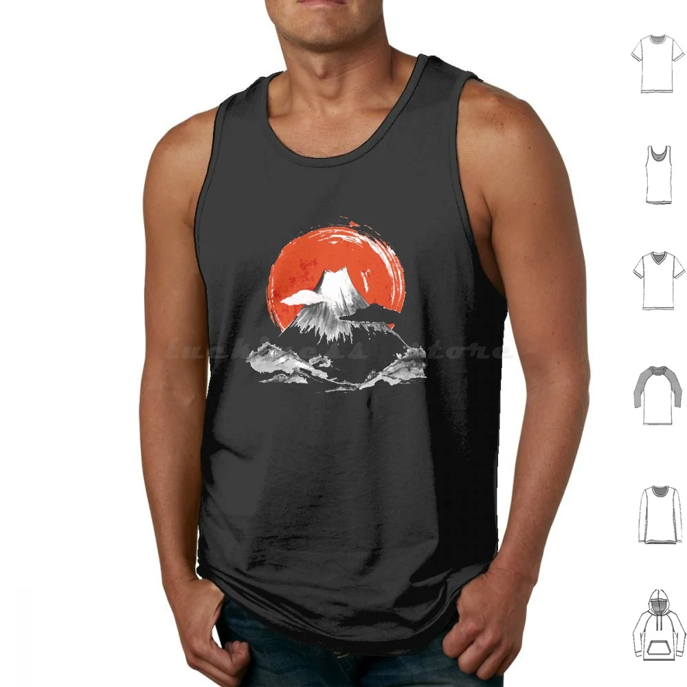 Japan Ink-Japanese Ink Painting-Volcano With Red Background-Watercolor Painting Tank Tops Print Cotton Dragon