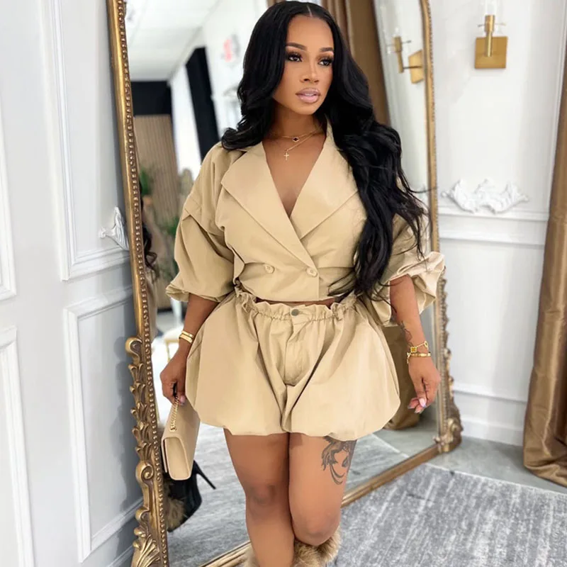 Doyerl Streetwear 2-teiliges Set für Damen Clubwear Party Reverskragen Doppelreihige Jacke und Shorts Ensemble