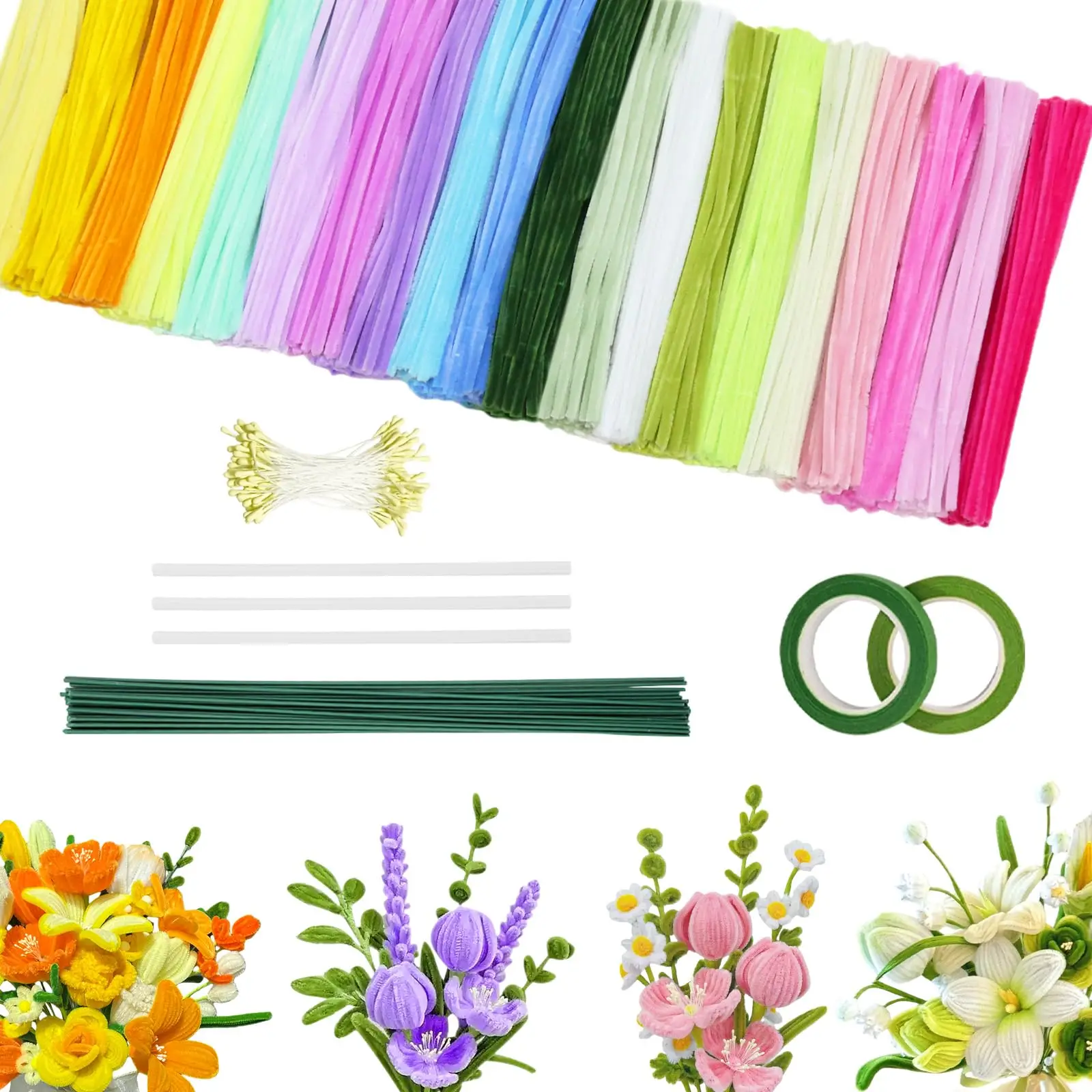 20 Colors 630PCS, Pipe Cleaners Craft Flowers Kit with Handle & Instructions, DIY Art and Craft Supplies for Creative Projects view 2