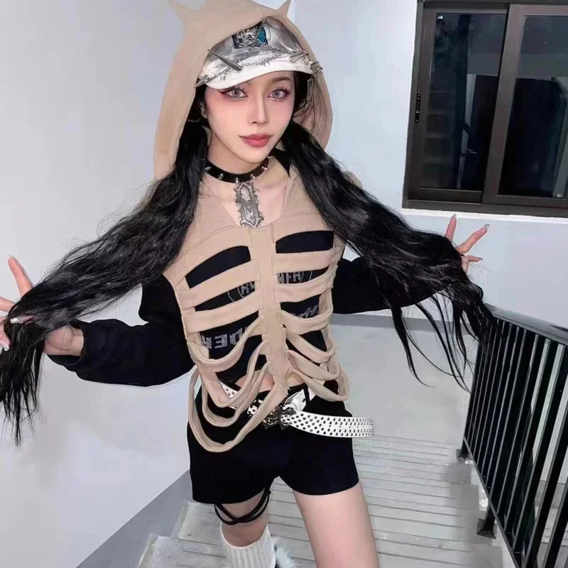 Y2k Korean Original Gothic Top Women Fashion Street Old Print Skeleton Hooded Vest Tank Men Harajuku Hip Hop Couple Crop Top New