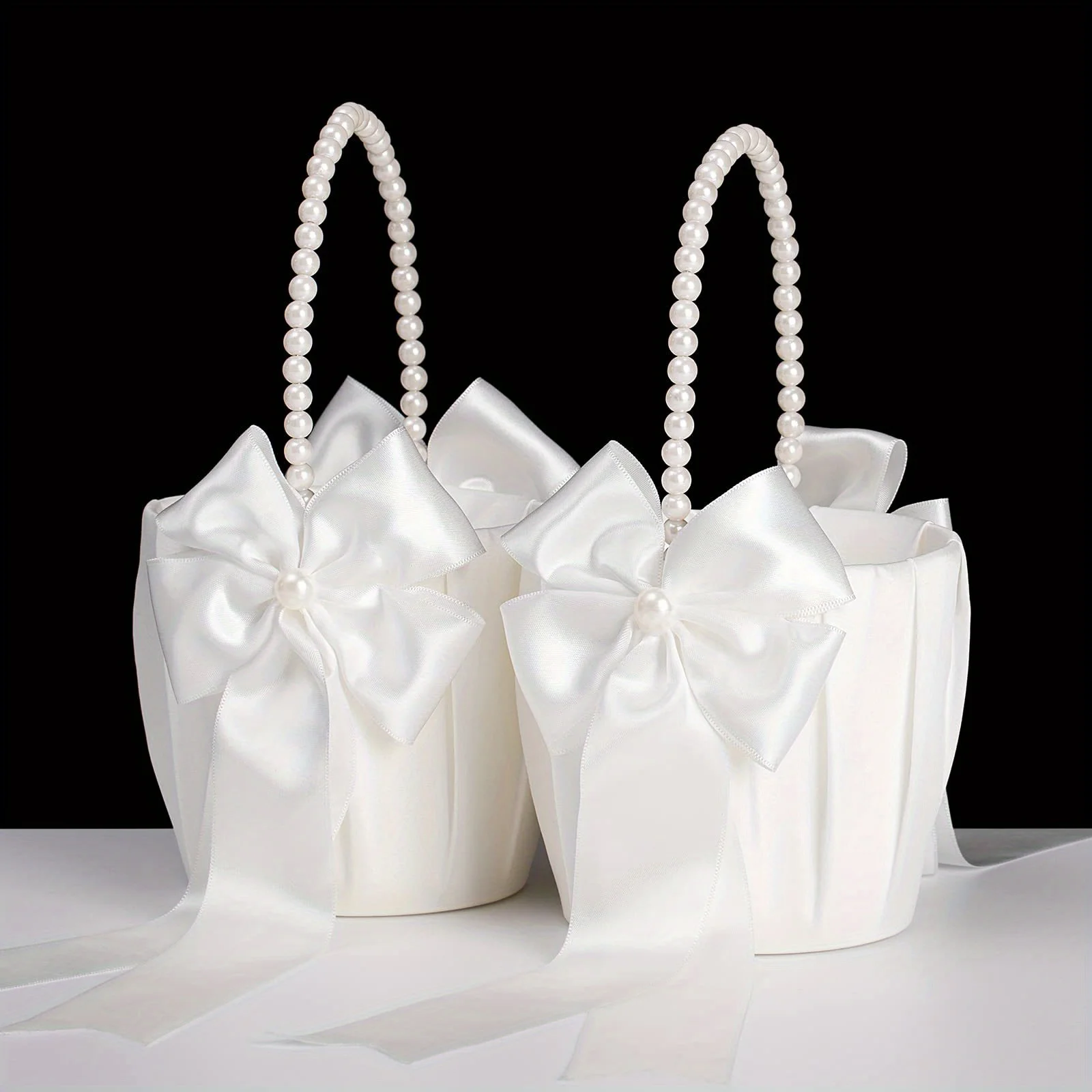 Wedding Flower Girl Basket with Pearl Handle，Ribbon Bow Knot Ring Pillow，Confetti Candy Party Supplies Basket Home Decoration