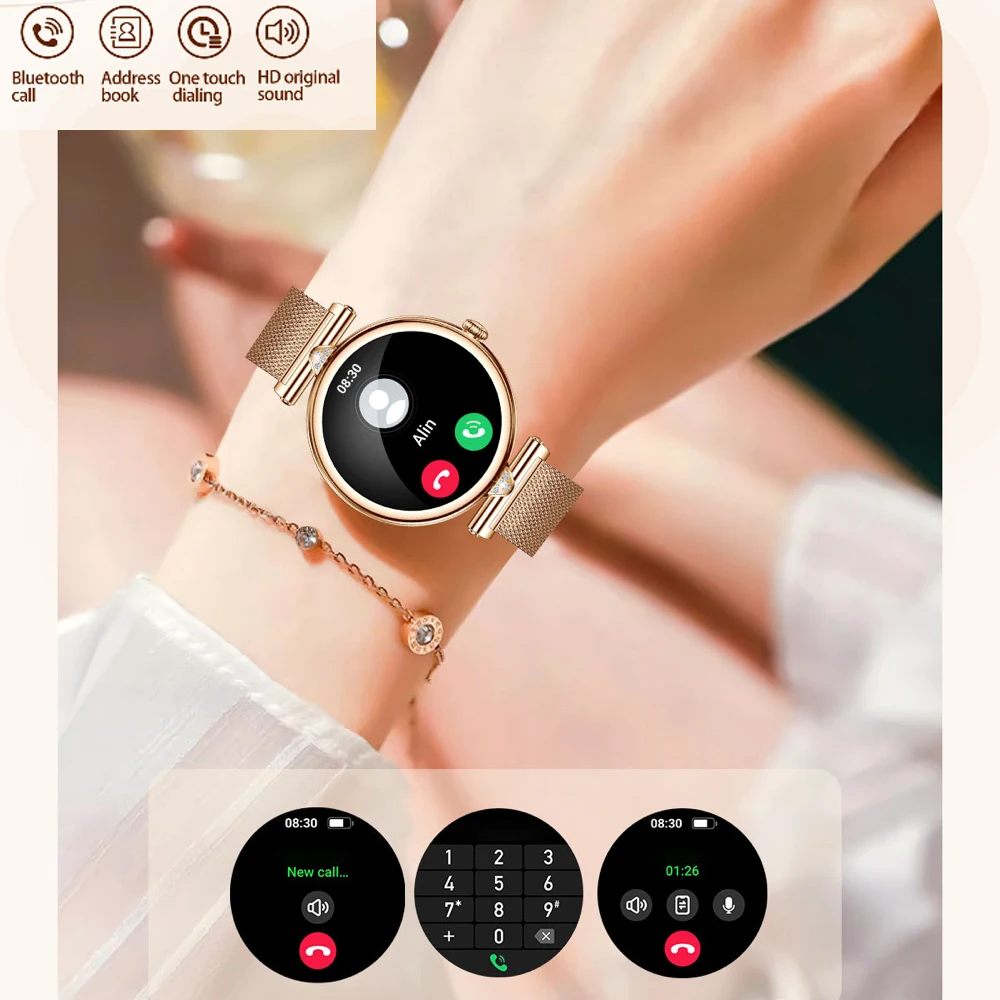 سيدة ساعة ذكية 1.28 "AMOLED شاشة بلوتوث دعوة معدل ضربات القلب الصحة المرأة ساعة اليد الفتيات الرياضة اللياقة البدنية الموسيقى Smartwatch