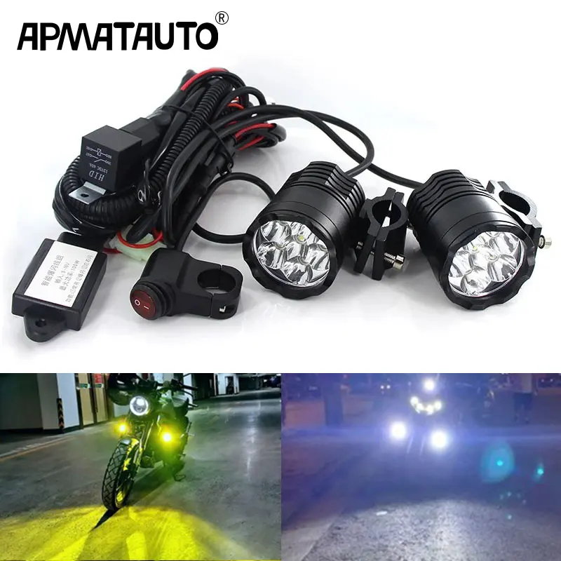 1SET 60W Motorcycle LED Auxiliary Fog Light Assemblie Lamp Headlight+ Flash line group +relay For BMW Mazd Nissan Yamaha Suzuki