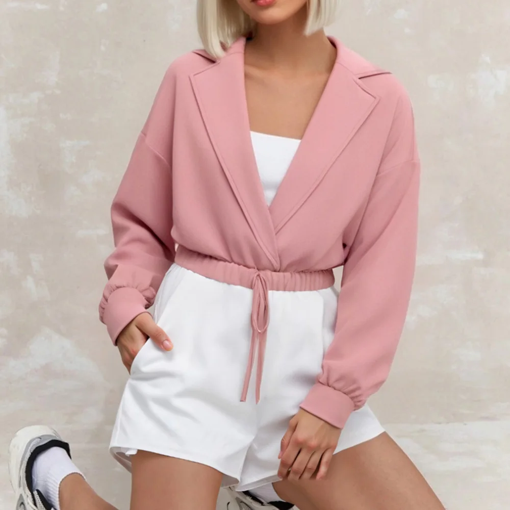 Mia Muse Lichtgewicht damesjassen Herfst Roze Effen Lange mouw Revers Elastische taille Strik Normale werkkleding Lichtgewicht