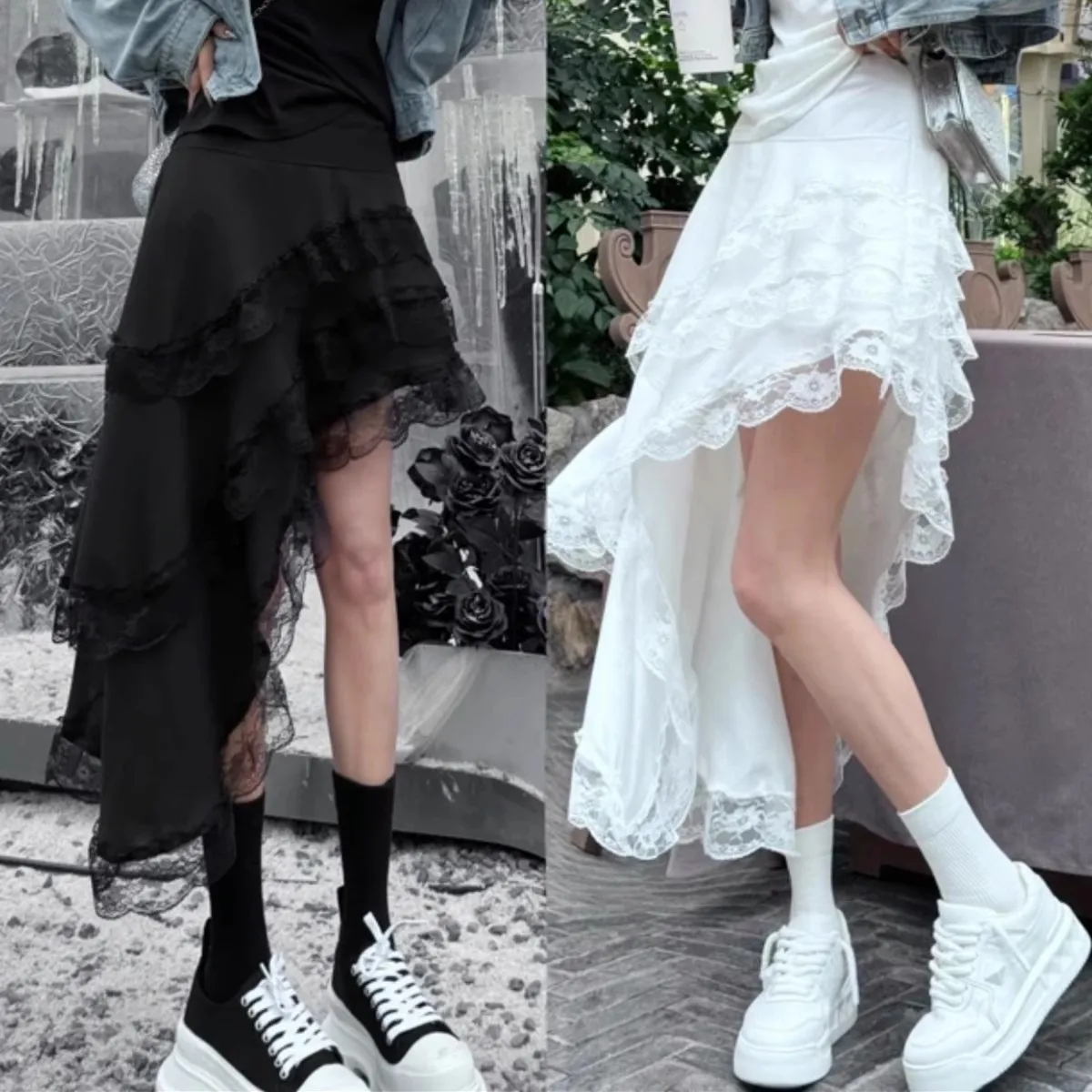 

Harajuku Irregular Lace White Skirts Women Korean Summer High Waist Elegant Long Skirt Vintage Jupe Femme