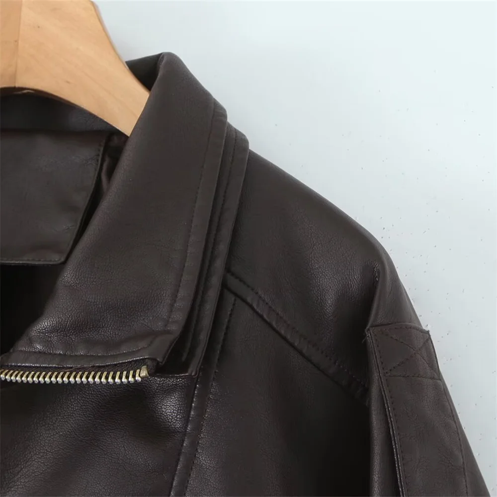 Chaqueta de cuero holgada y versátil con decoración de cremallera y manga larga con cuello para mujer, nuevo producto de otoño