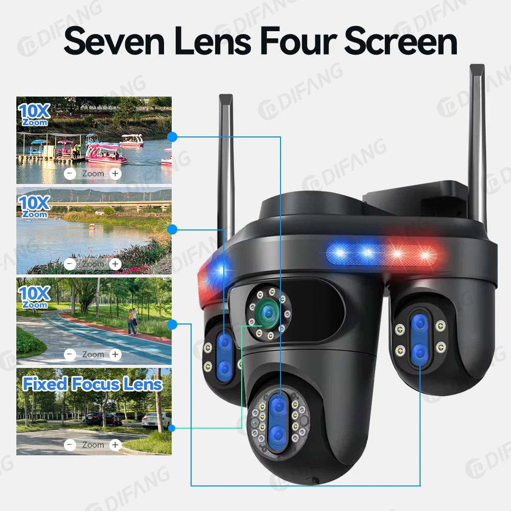 DIFANG 35MP Seven Len WiFi Telecamera esterna Zoom 10X CCTV Telecamera di sorveglianza wireless a quattro schermi Telecamera di sicurezza WiFi con tracciamento automatico