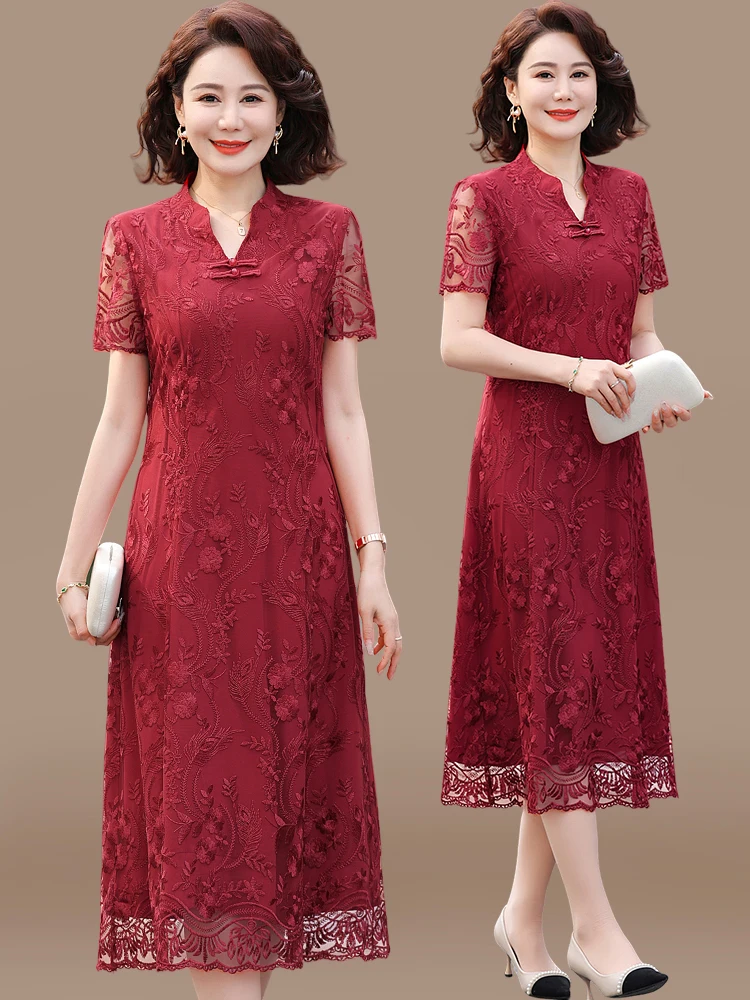 

Летнее платье Sli Dr Mom для свадьбы, свободного кроя, с V-образным вырезом, украшенное жемчугом, средней длины, модное, для женщин среднего возраста