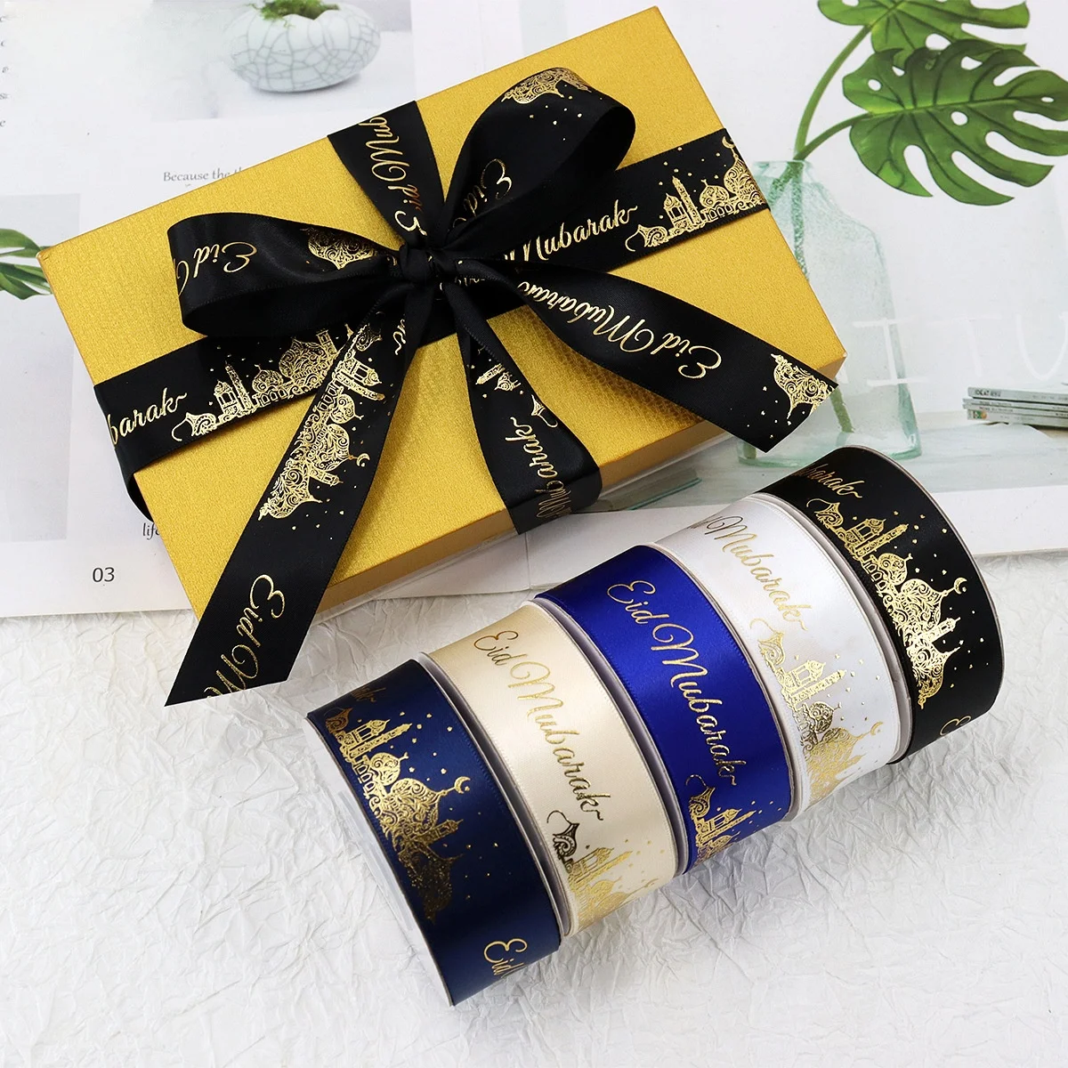 

2.5cm 5Yards Eid Mubarak Ribbon Gift Box Wrapping Decoration DIY Bow 2025 Islamic Muslim Festival Party Supplies Ramadan Kareem