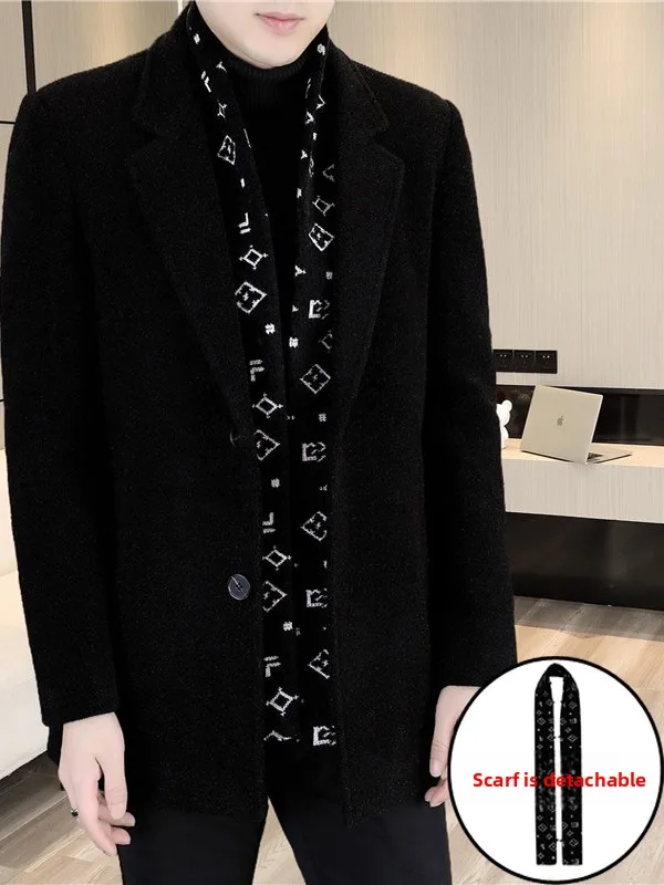 

Thiened Fce Men's Winter Coat Casual Detachable Scarf Woolen Jaet Stand Fit Long Sve Pure Color KnKVIP Original ...