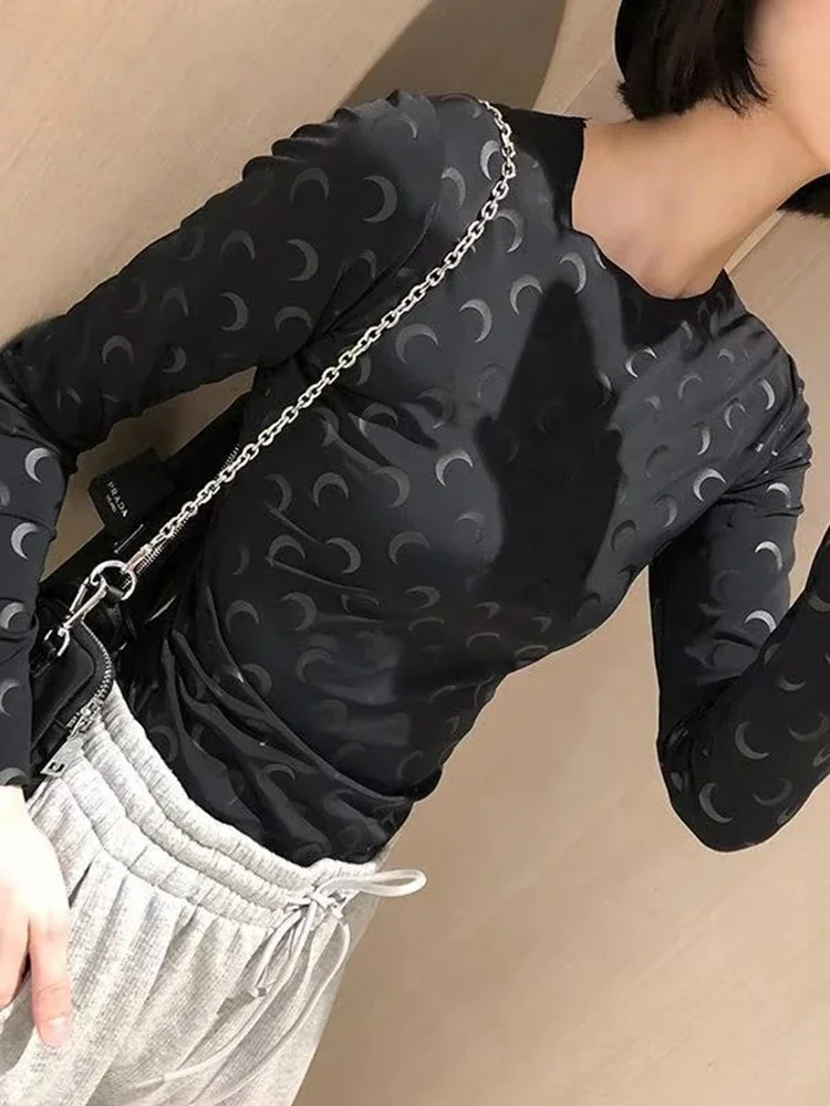 

New Fashion Printed Slim Fit Elastic Long Sleeved Women's T-Shirt Korean Casual Thin Comfortable Round Neck with Women Top