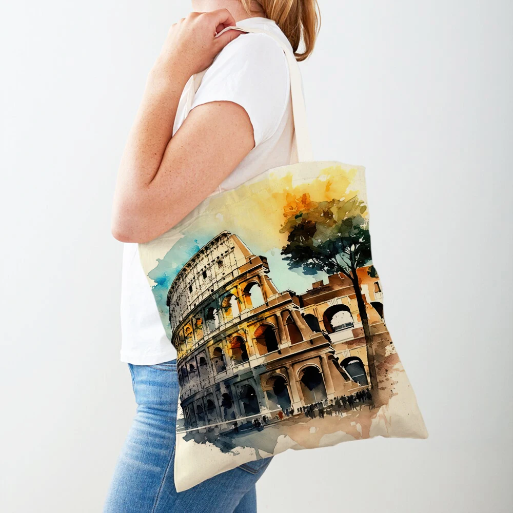 Vintage World Building Roman Shoulder Shopper Bag Women Shopping Bags Double Print Egypt Turkey City Lady Canvas Tote Handbags