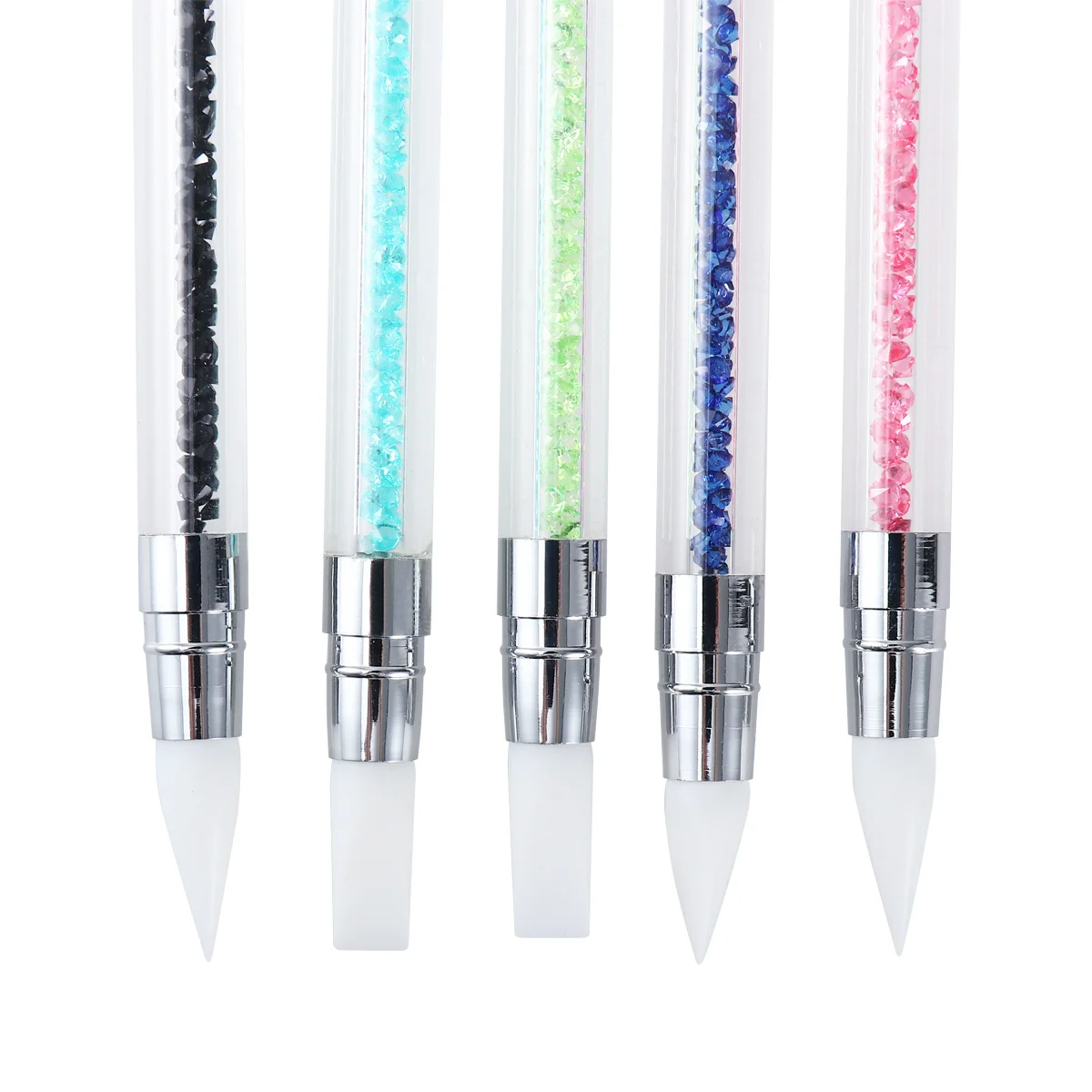 5 pezzi in silicone per nail art, penna per intaglio, angolo conico, punta a scalpello piatto per smalto gel, vernice acrilica, manico con strass, strumenti per nail art