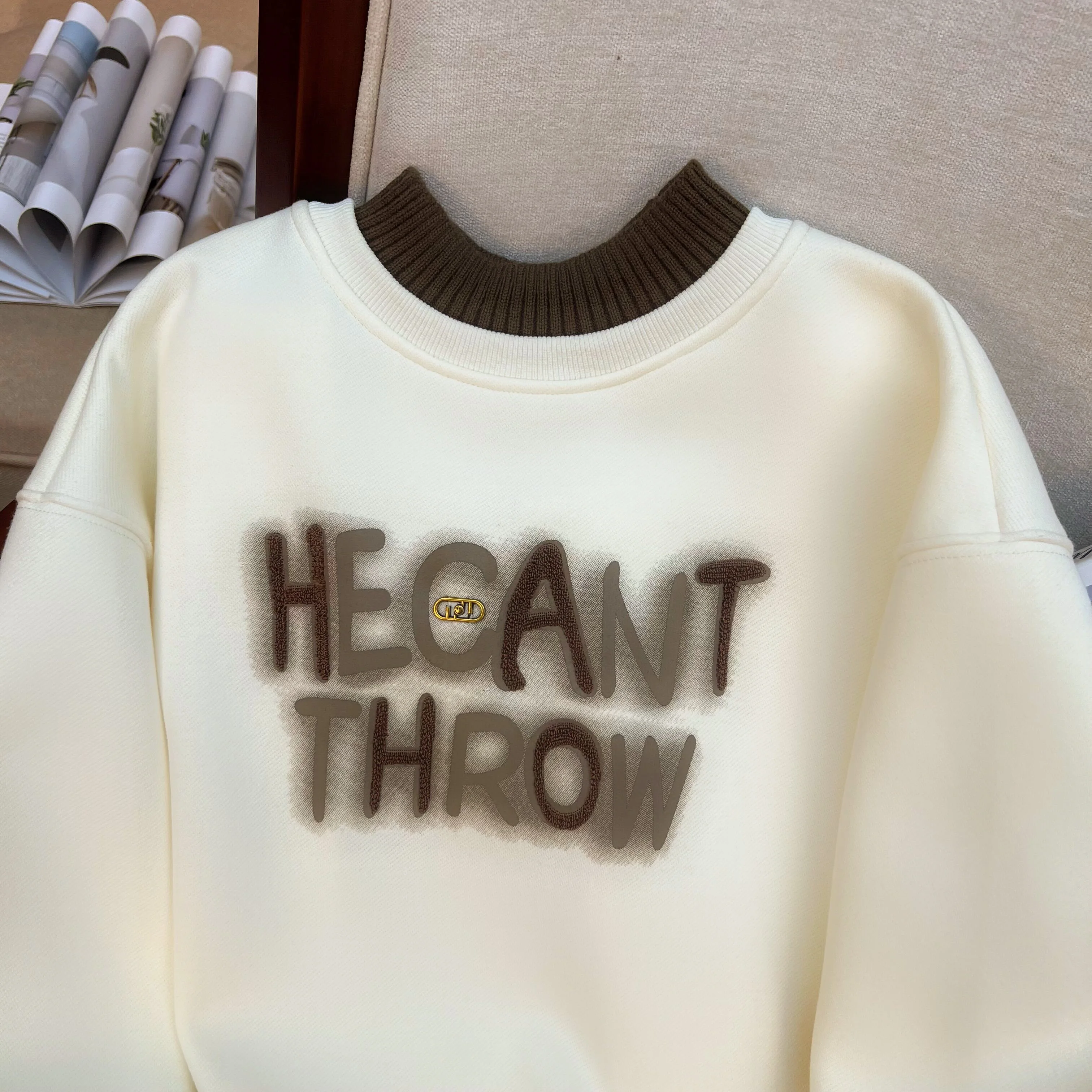 American Vintage Letter Embroidery Half-turtleneck Sweatshirt Women Autumn Winter Velvet Thickened Fake Two-piece Patchwork Top