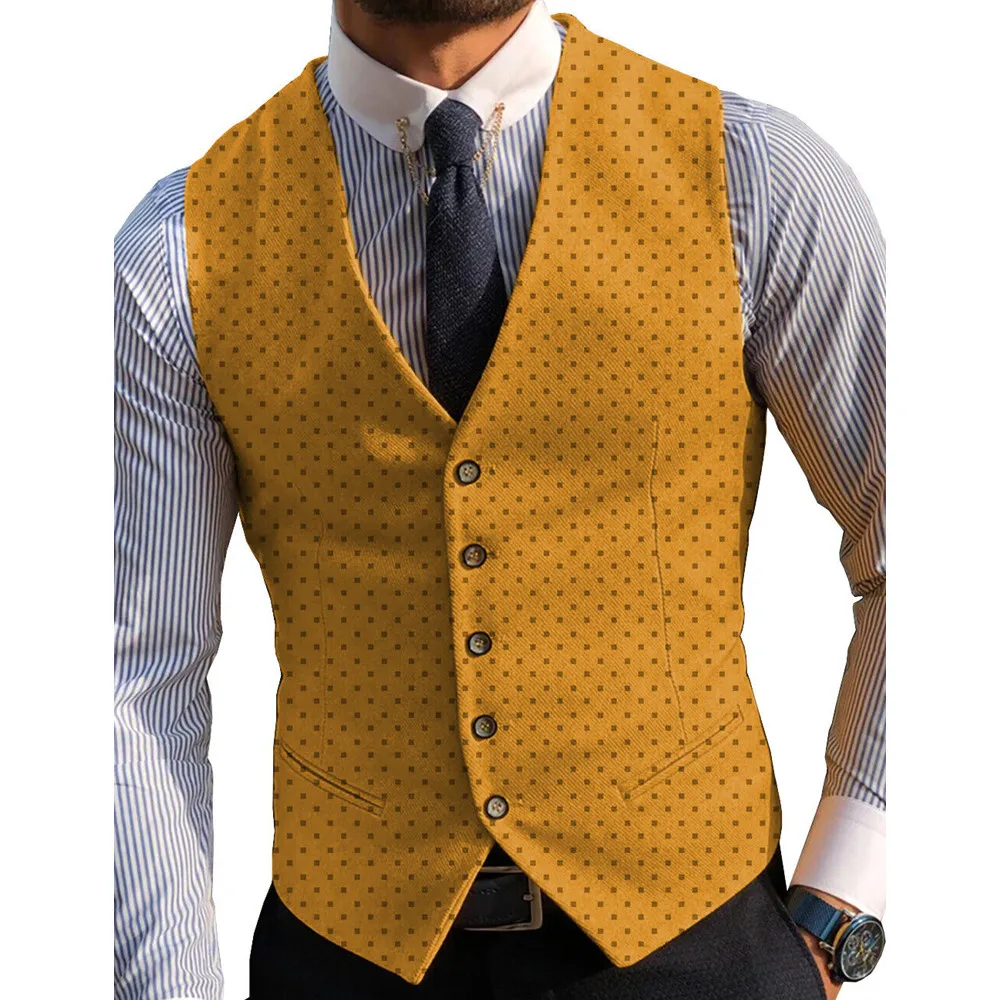 V Neck Men\'s Suits Vest Classic Dots Business Formal Casual Waistcoat For Jacket Vintage Wool Groomsmen  For Wedding