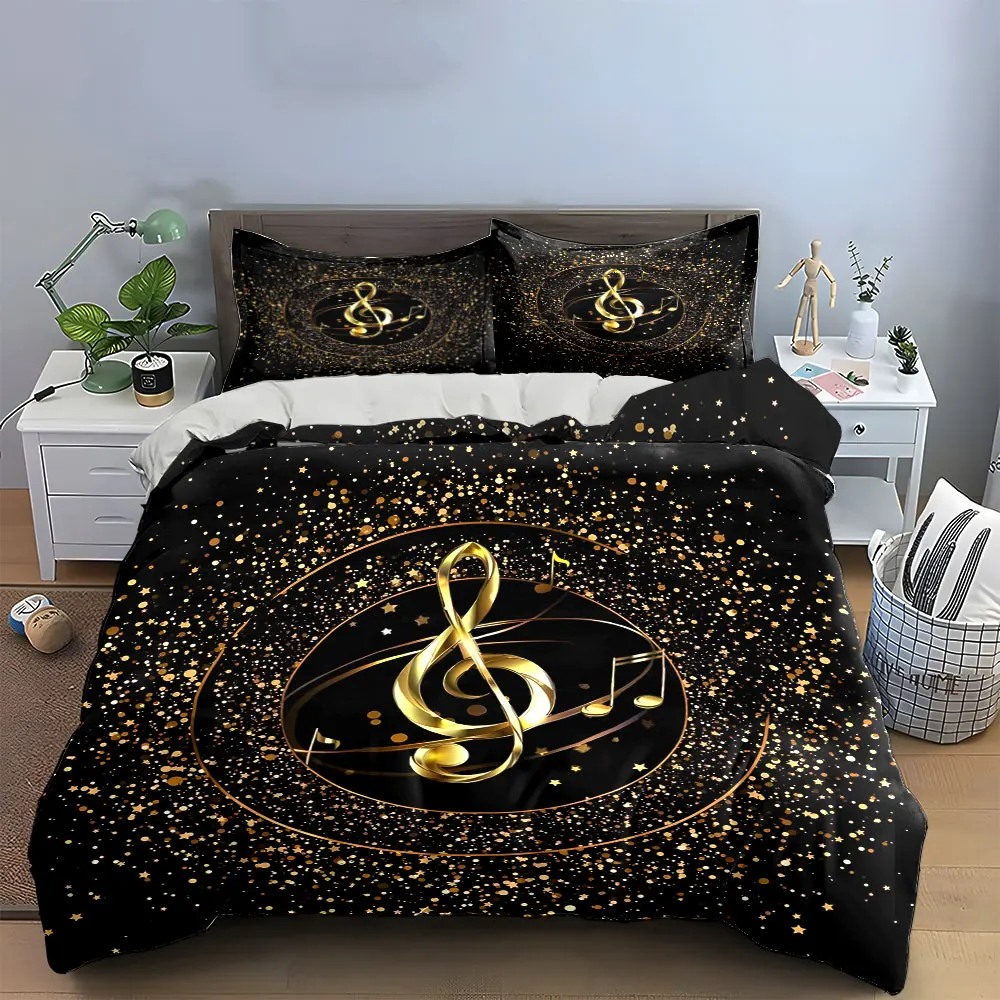 3Pcs Golden Treble Clef Glitter Star Duvet Cover Set, Black Music Note Bedding Includes 1 Duvet Cover And 2 Pillowcase, Gift