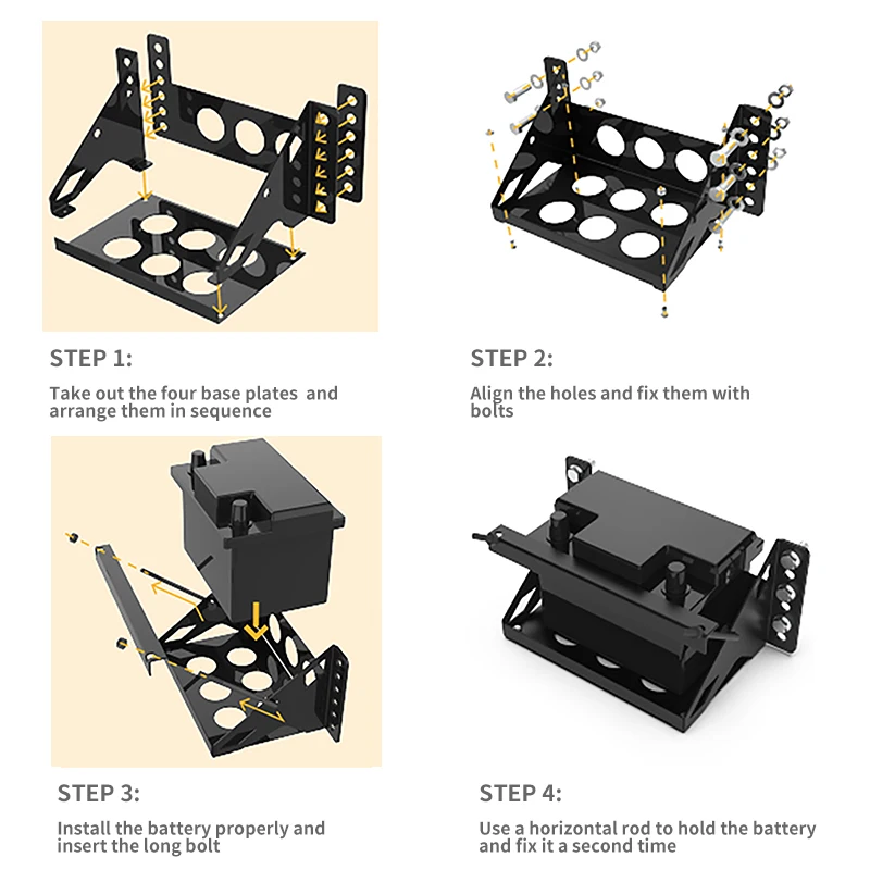 Metal Steel Battery Mounting Box Tray Bracket DIY Easy Bolt-In Battery Tray Fits up to a 10.63” × 7.06” × 7.5”