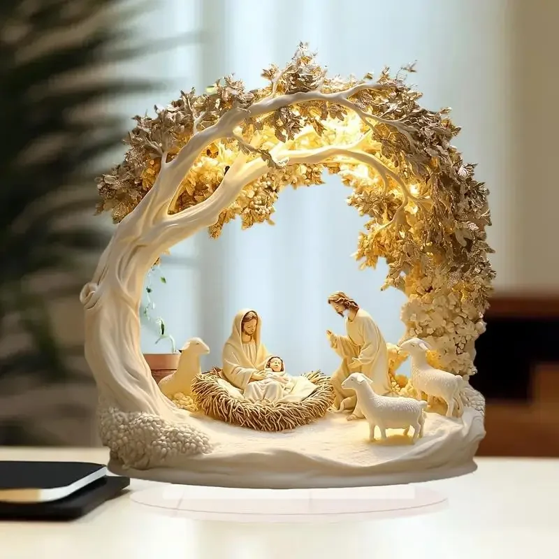 Desktop Decor Family Statue Jesus Tree Of Life Newborn Acrylic Flat Plate Desktop Decoration Ornaments For Home Decor