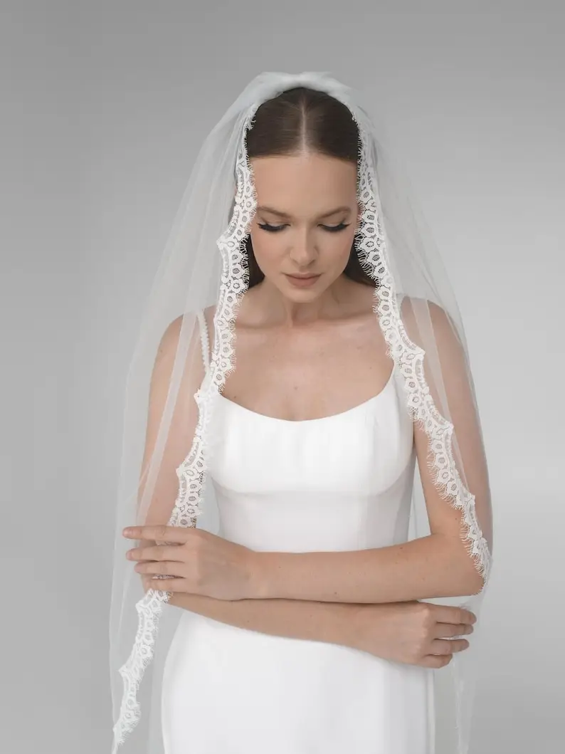 

Lace Trim Wedding Veil Cathedral Length Bridal Hair Accessory Romantic Bridal Veil Custom Length