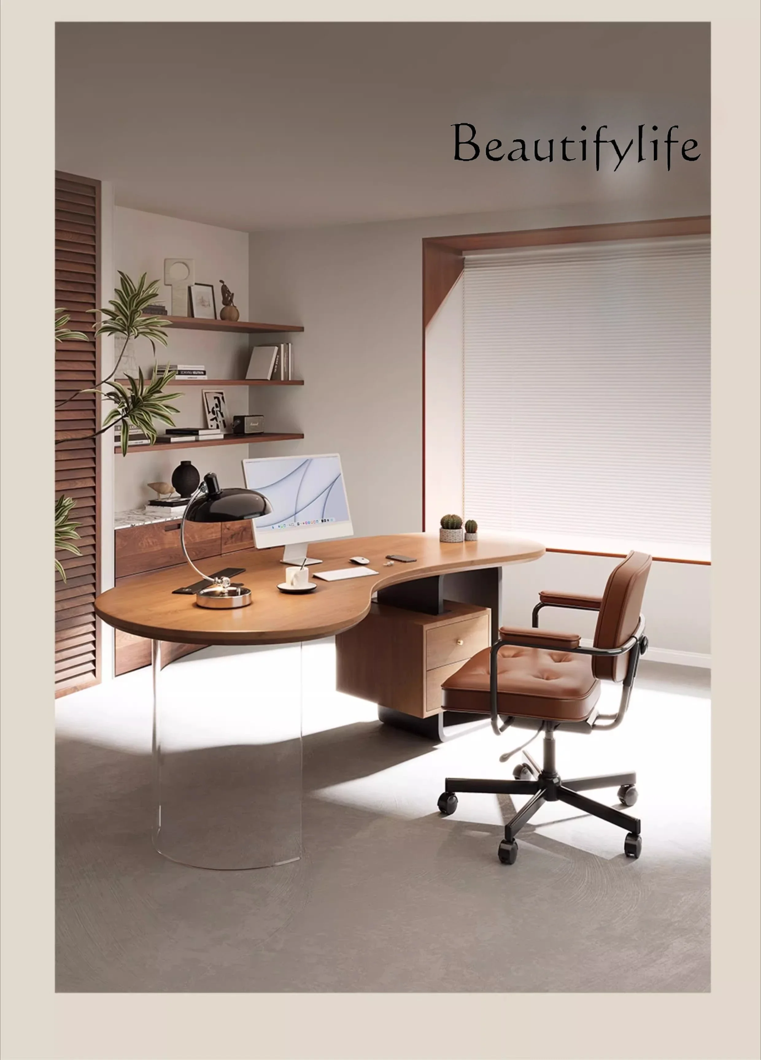 طاولة مكتب من الخشب الصلب YY حديثة وبسيطة ومنحنية للمكتب ومنضدة كمبيوتر فاخرة ذات إحساس عالي #3