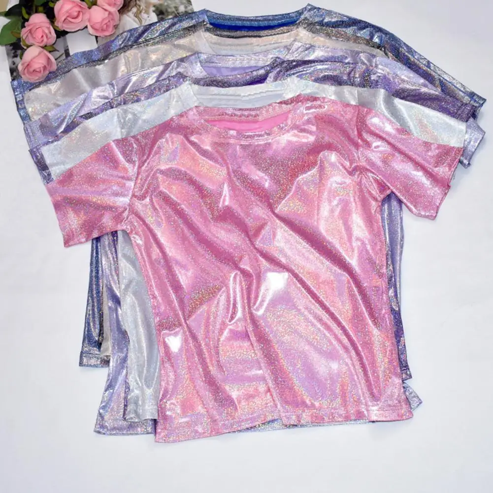 Women T-shirt Glossy Finish Glitter O Neck Short Sleeve Tee Shirt Thin Base Shirt Shiny Loose T-shirt Women T-shirt Shiny Top