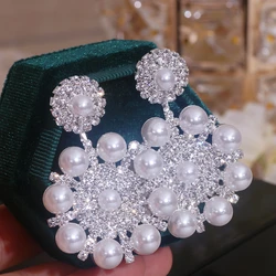Pendientes colgantes de perlas de imitación para mujer, aretes coreanos de gran tamaño, Color plateado, diamantes de imitación, flor, joyería para fiesta de boda