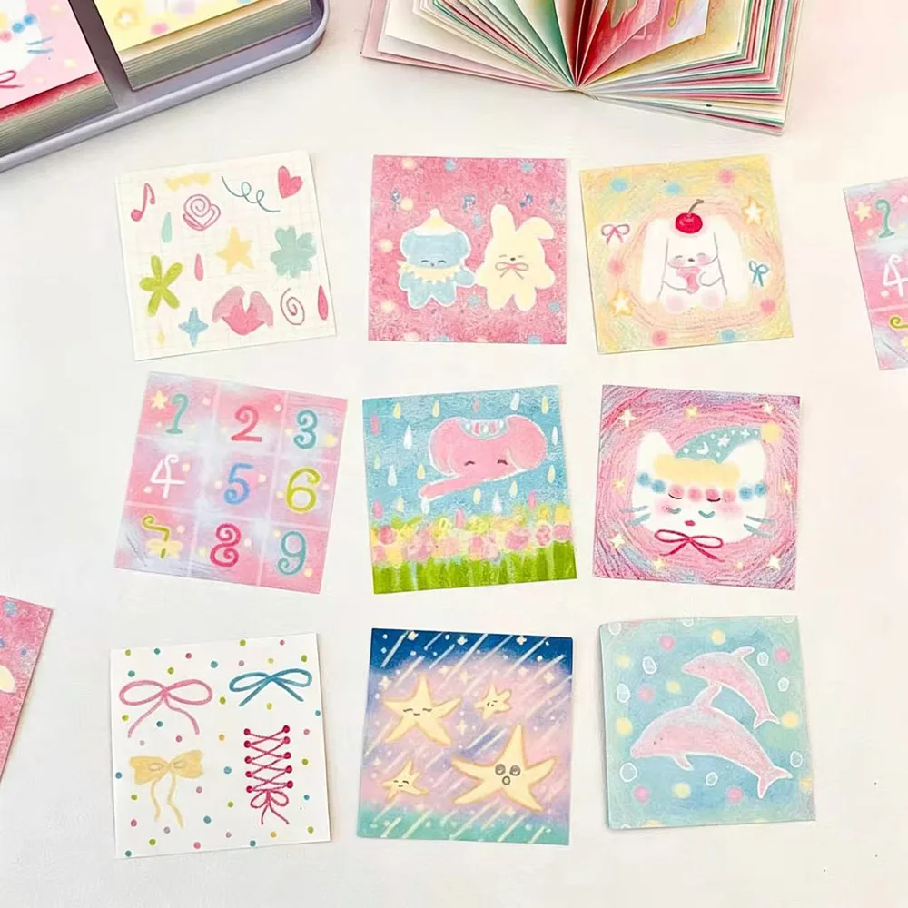 120 Sheets Summer Cute Mini Memo Book, Cartoon Cat Jellyfish Dolphin Pattern Memo Paper, Star Chasing Packaging Material Paper