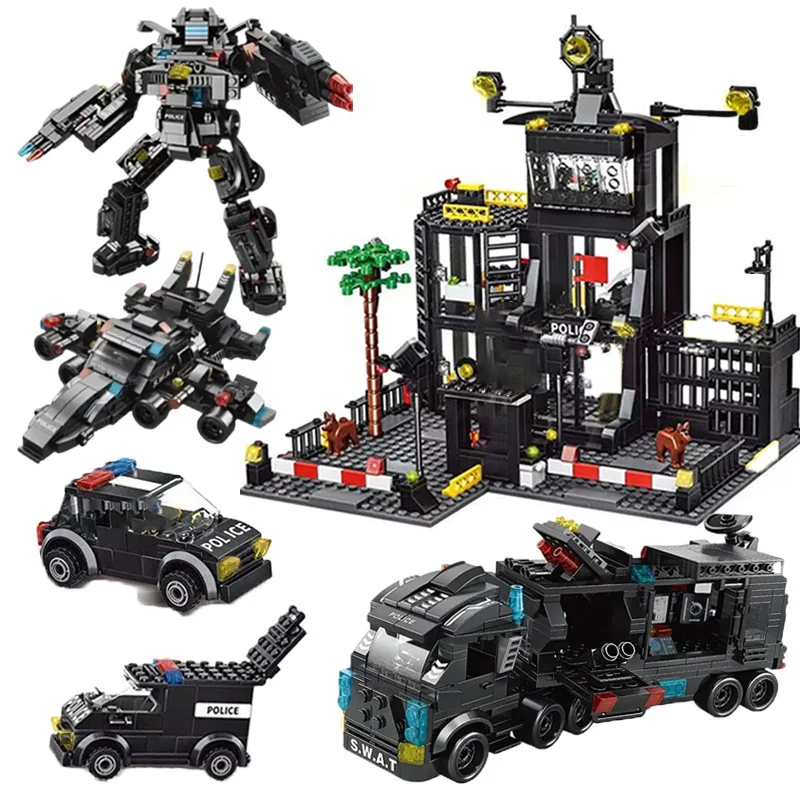 

Black police building building set,black robot model, police car building blocks, birthday gift