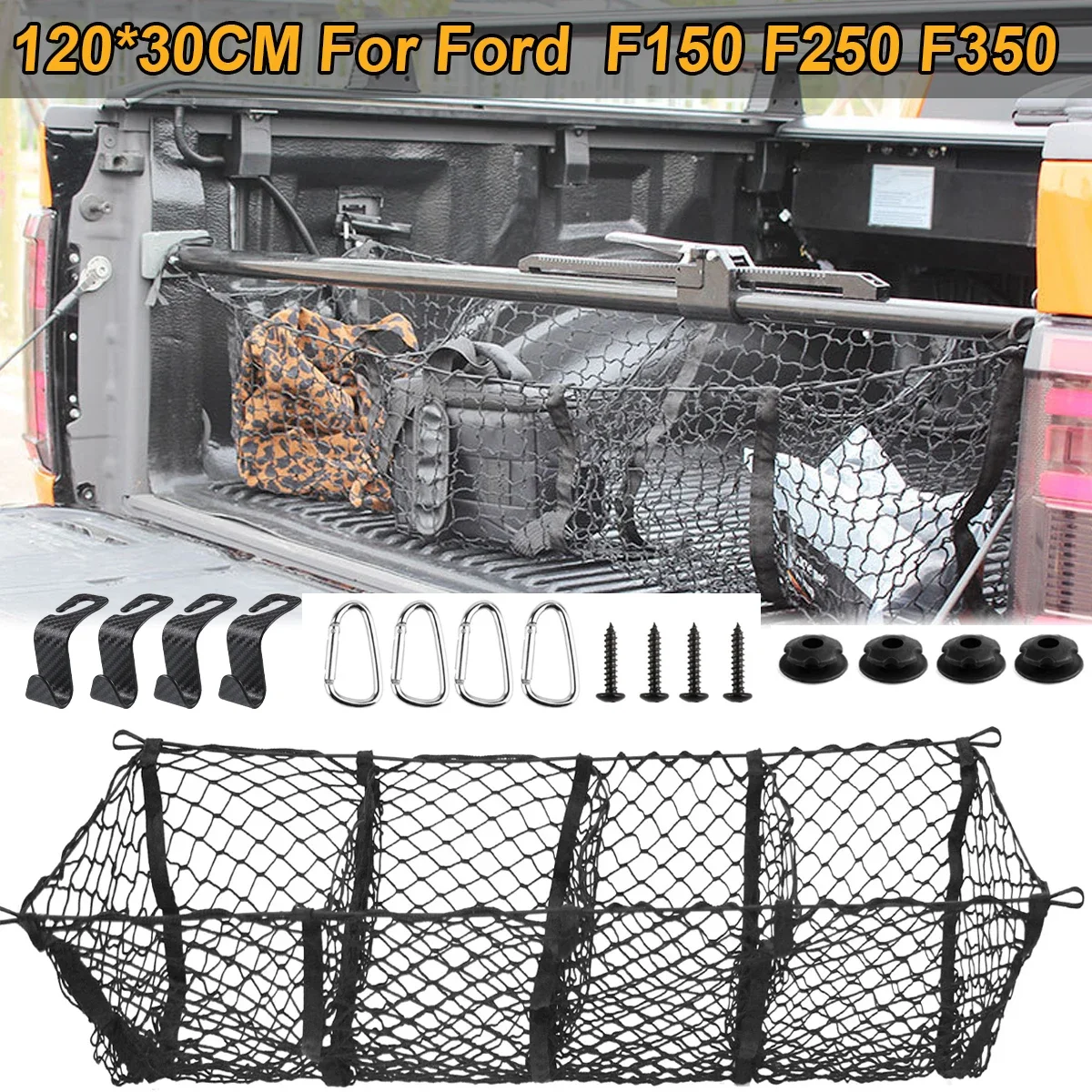 For Ford F150 F250 F350 Raptor 2005-2023 Pickup Van 3/4 Pocket Cargo Net Trunk Luggage Storage Organiser Mesh Car Accessories