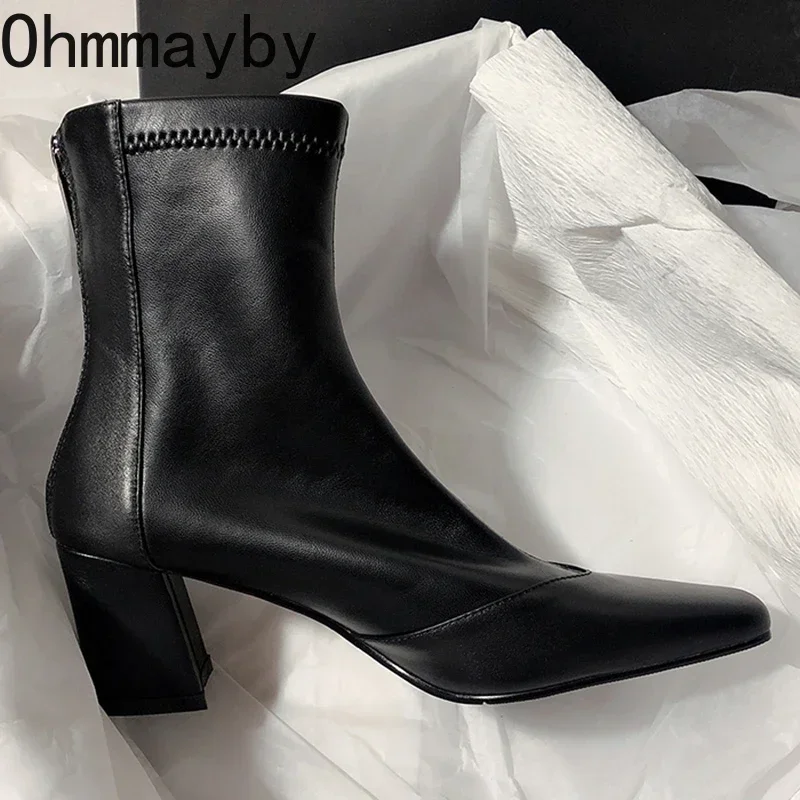 Ankle boots de dedo apontado para mulheres, salto alto, barcos curtos, botas Morder elegantes, moda, outono